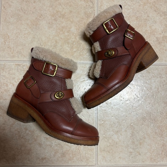 COACH Preston Booties with Genuine Shearling Trim Saddle Brown Size 8 - Picture 2 of 6